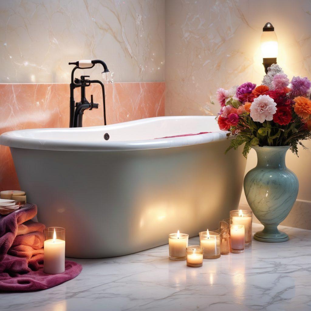 A luxurious bathroom setting showcasing an elegant bathtub filled with bubbles, surrounded by aromatic candles and fresh flowers, a plush robe draped over a vintage chair, soft lighting creating a warm glow. Include various beauty products like lotions and perfumes artfully arranged to evoke a sense of glamour and self-care. super-realistic. vibrant colors. soft focus.