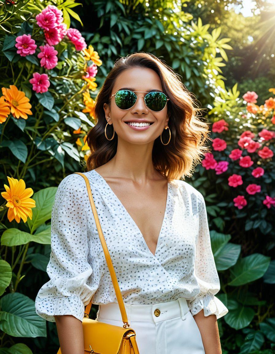 A vibrant scene featuring a confident woman surrounded by nature, showcasing her glowing skin and stylish outfit, embodying beauty and fashion. Incorporate elements like blooming flowers, soft sunlight filtering through trees, and fashionable accessories such as sunglasses and a handbag. Include a mirror reflecting her smiling face, signifying self-love and confidence. The color palette should be bright and uplifting, evoking a sense of well-being and trendiness. super-realistic. vibrant colors.