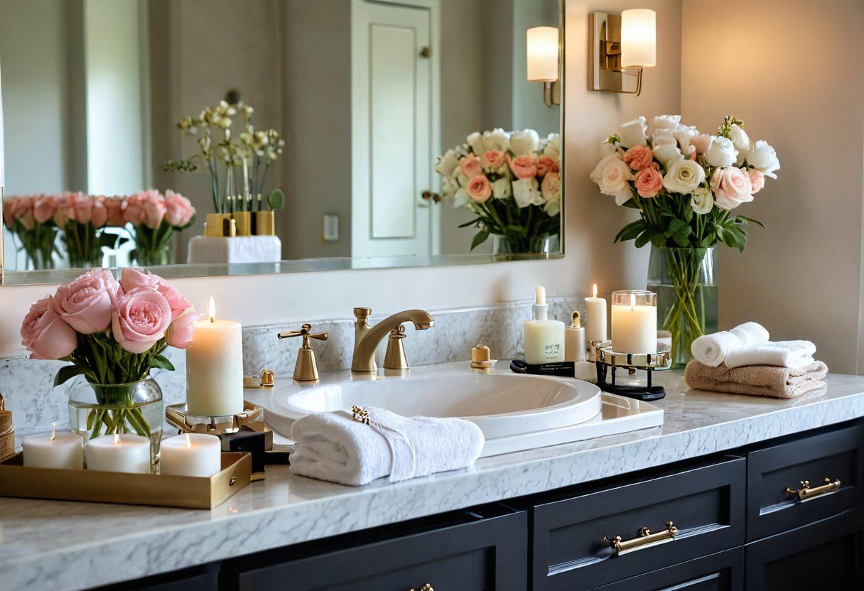 A serene, luxurious bathroom scene featuring elegant self-care items like fragrant candles, plush towels, and a stylish vanity adorned with makeup brushes and jewelry. Soft natural lighting illuminates the space, highlighting a tranquil atmosphere that exudes sophistication. In the background, a tastefully arranged bouquet of flowers adds a touch of freshness to the scene. The color palette should include soft pastels and rich, muted tones. super-realistic. vibrant colors.